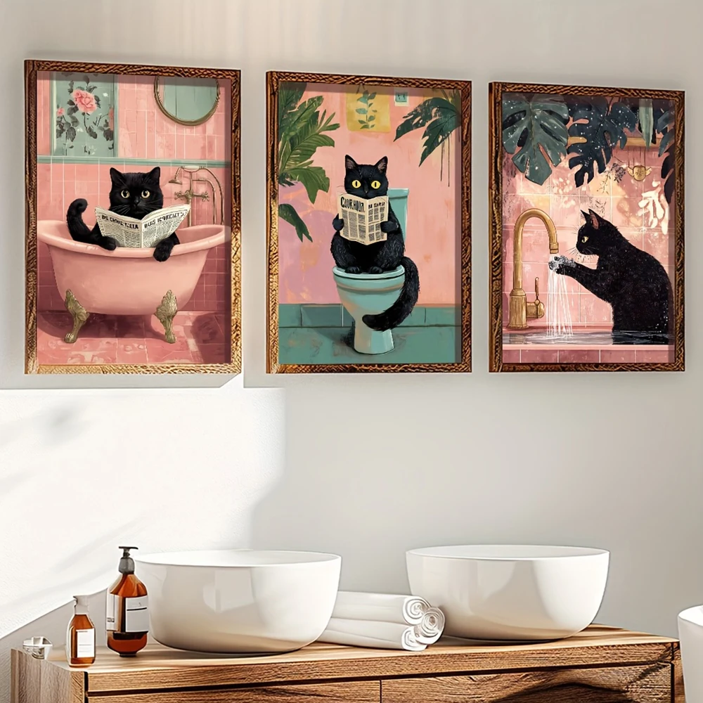 Whimsical Black Cat Reading Newspaper Poster Prints Bathroom Vintage Pink Maximalist Decor Funny Toilet Canvas Painting Wall Art