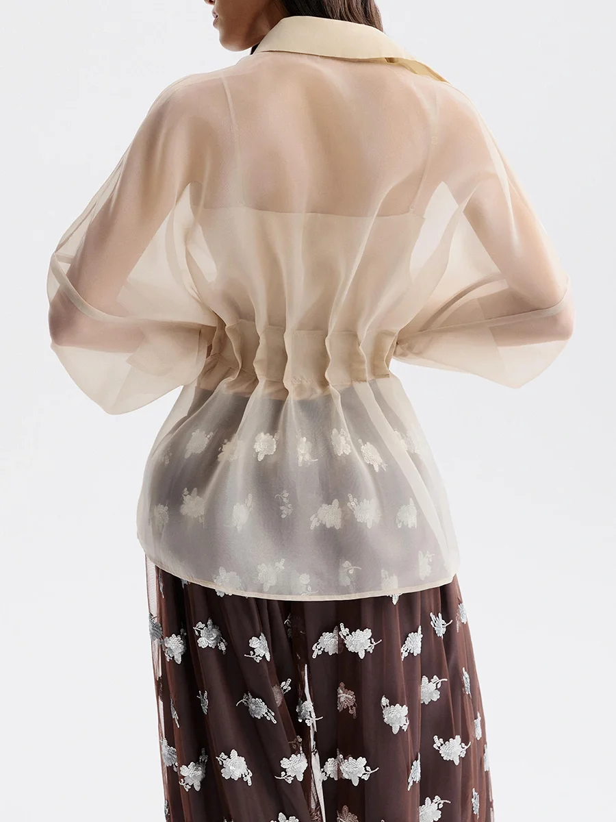LIMO Women Lapel Collar Sheer Organza Shirt Waist Cinched Puff Sleeve Button Blouse Top