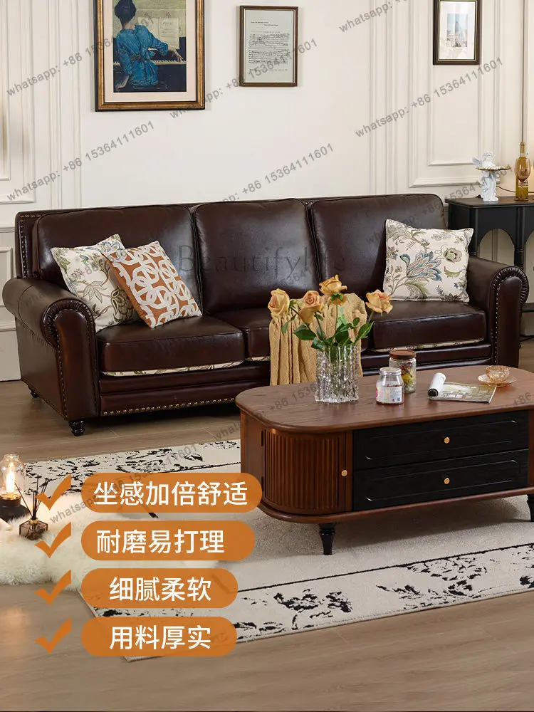 American sofa brown oil wax leather leather first layer cowhide four people straight row