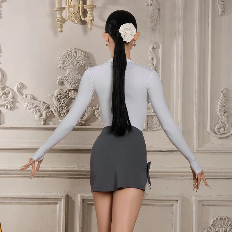 Latin dance costume women's sexy V-neck long sleeved top+exquisite bow tie short skirt set for adult Latin practice clothes