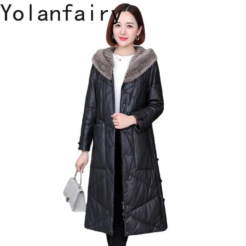 YOLANFAIRY Damska kurtka ze skóry naturalnej, płaszcz, odzież z owczej skóry, damskie zimowe kurtki puchowe, kołnierz z futra norki, długi, dopasowany płaszcz z kapturem