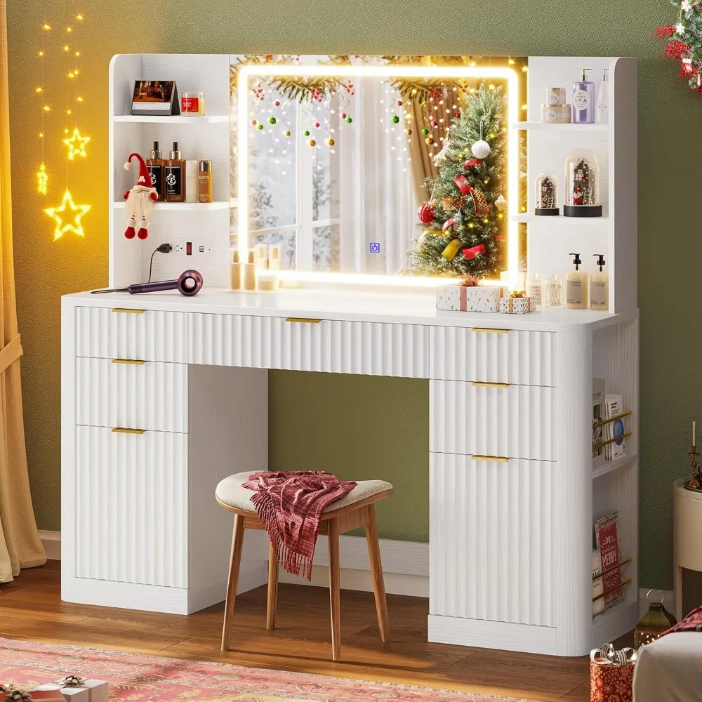 Bedroom Beauty Room  Fluted Vanity Table 30.3in Lighted Mirror 5 Drawers 6 Open Storage Built-in Power Strip Makeup Desk