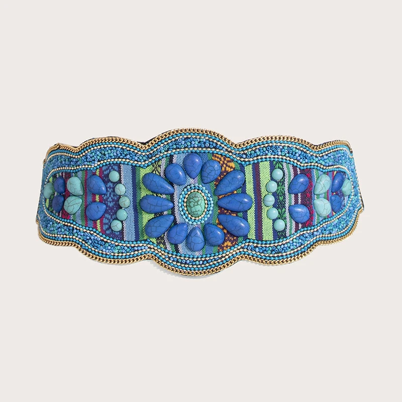 Women's Heavy-duty Bohemian Turquoise Handmade Beaded Ethnic Elastic Snap Belt with Dress Coat