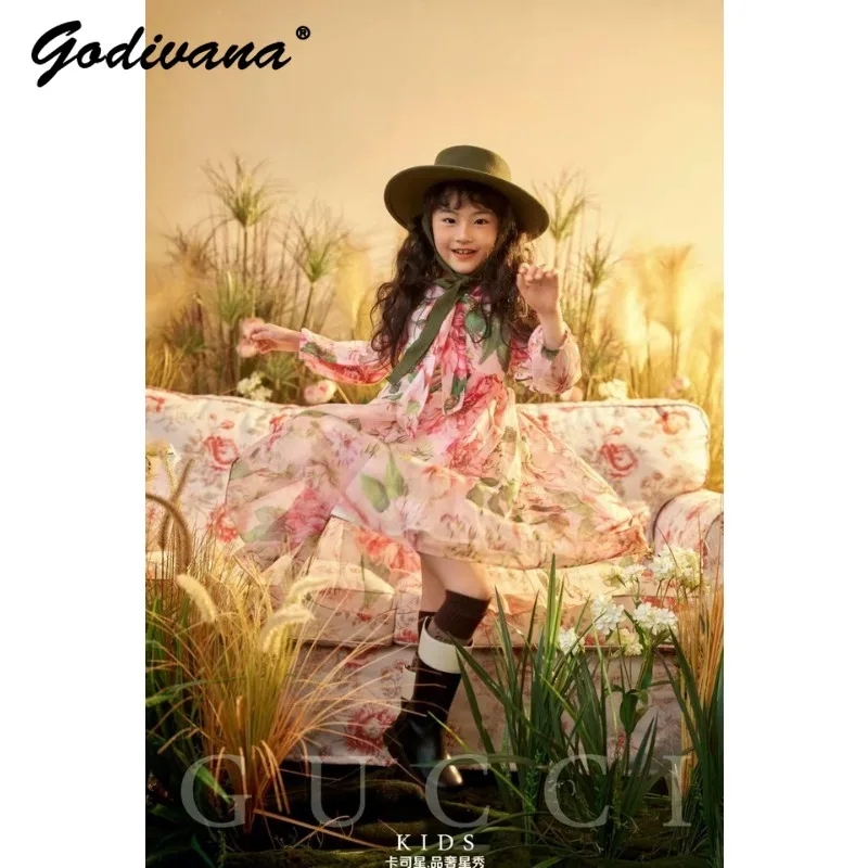 Little Girls High-end Fashion New Spring Long-sleeved Casual Dress Sweet Floral Print Bow Soft Lining Princess Dress for Kids