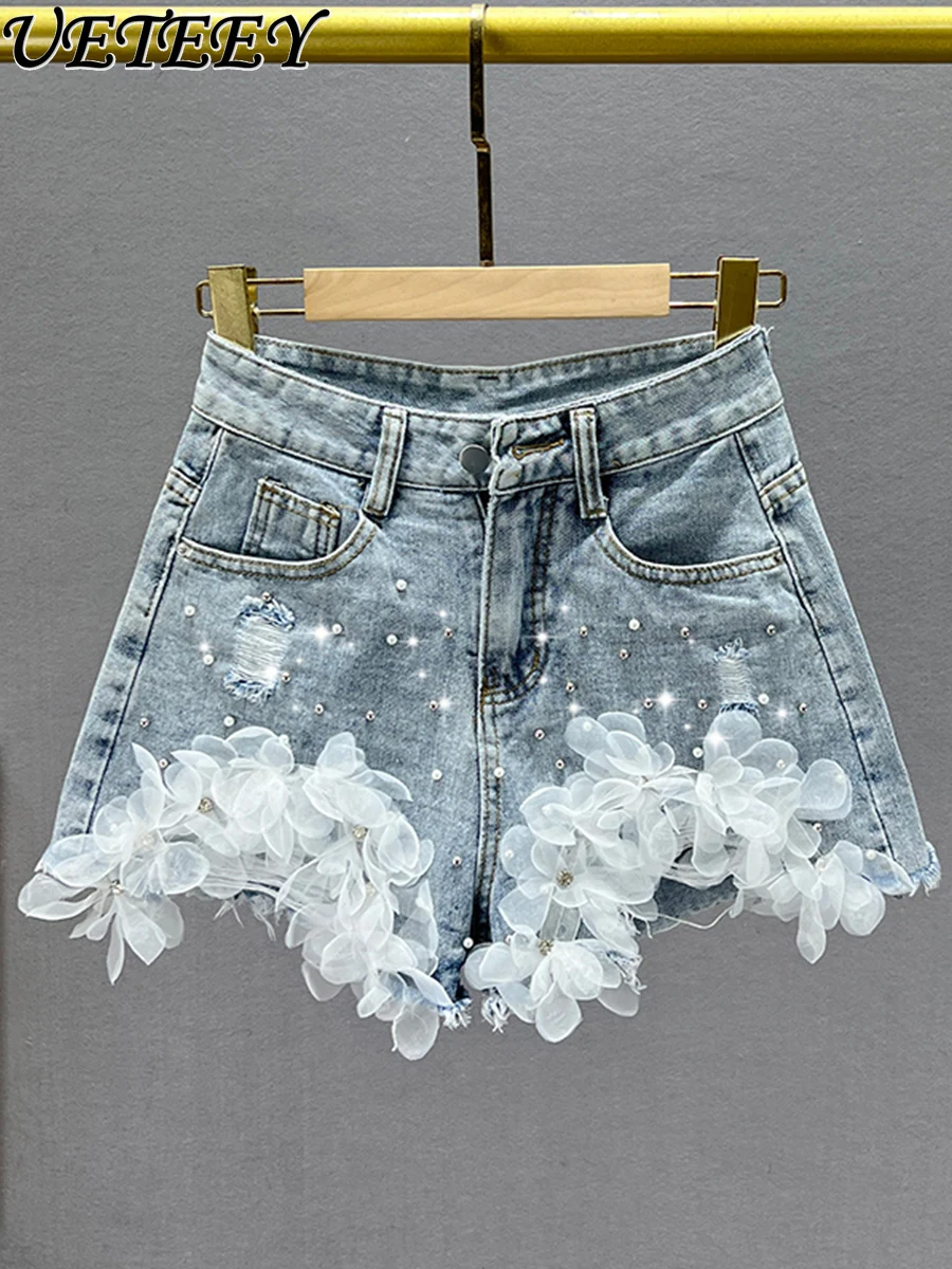 

Flower Design Denim Shorts Women Tide 2025 New Spring Summer High-waisted Short Jeans Pants Slim and Thin Beaded A-line Shorts