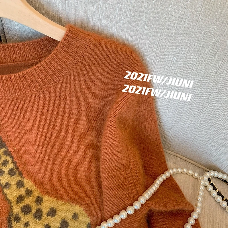 Women Print Pullover Knitted Sweater Harajuku Y2k Long Sleeves O-Neck Sweater Jumper Vintage 2000s Aesthetic Clothes Autumn 2024