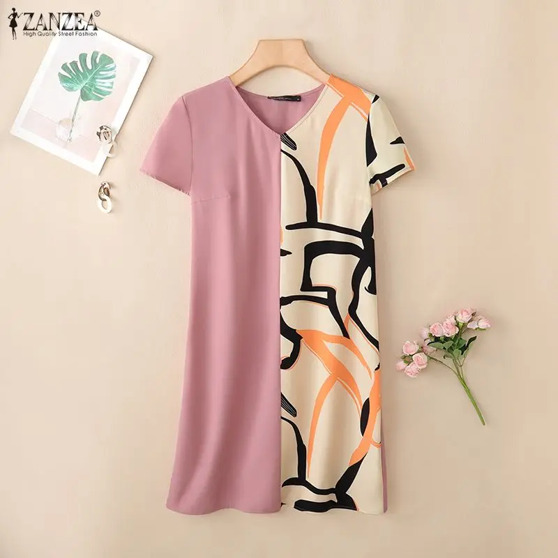 Women Summer Sundess 2026 ZANZEA Color-Blocking Dress Casual Holiday Beach Knee Length Robe O Neck Short Sleeve Printed Vestidos