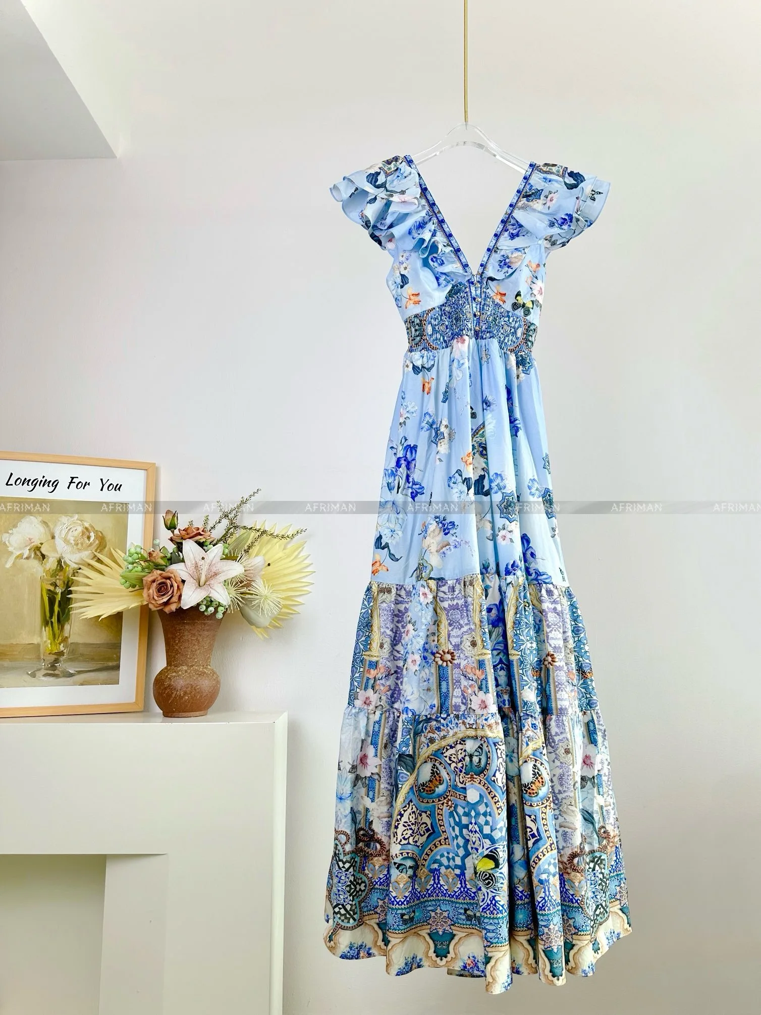 Women V Neck Crystal Beaded Flying Sleeve Blue Flower Print Elastic Waist Big Swing Cotton Dress