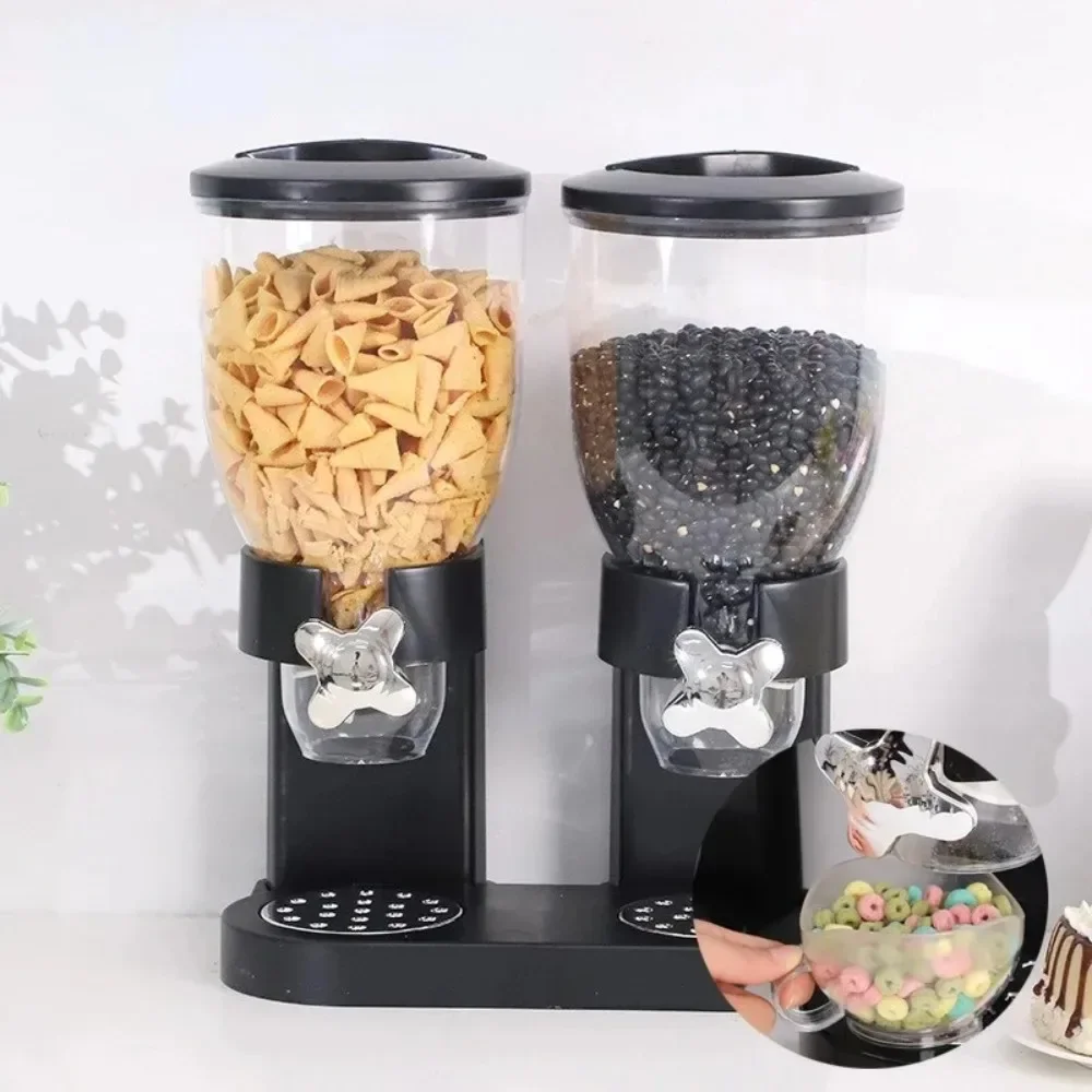 Double Cereal Dispenser Dual Dry Food Storage Pot Button Extraction Kitchen Cereal Jars Dispenser Storage Candy Nut Grain Snack