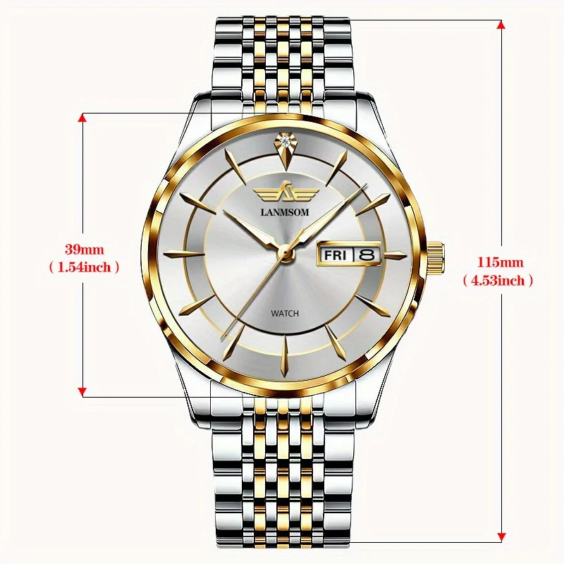 LANMSOM fashionable and minimalist men's watch, stainless steel dual calendar watch, business and leisure men's waterproof watch