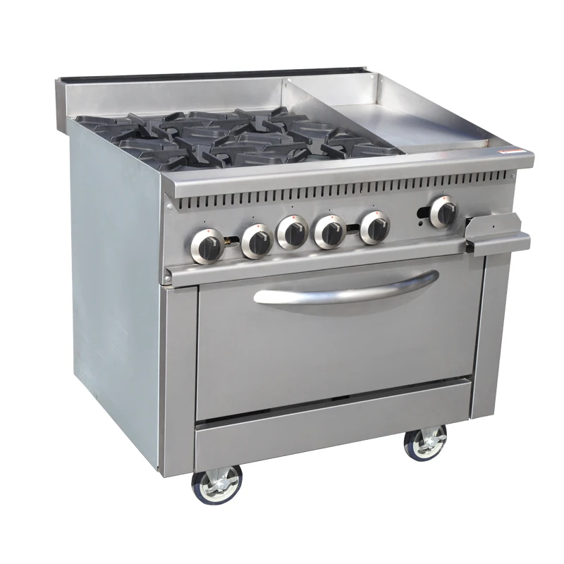 Full range of commercial kitchen appliances - free-standing stainless steel gas cooker with oven and grill
