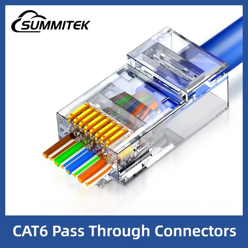 SUMMITEK RJ45 CAT6 Pass Through Connectors Crystal End Gold-Plated 8P8C Crimp UTP Standard Ethernet Network Modular Plug