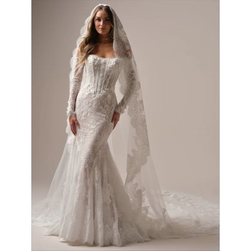 

Элегантное кружевное свадебное платье русалки с открытыми плечами и длинными рукавами, плотный корсет в стиле ретро, свадебное романтическое свадебное платье на заказ