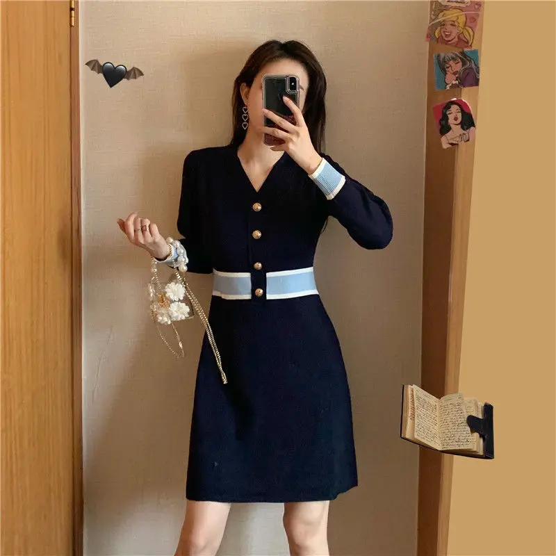 Female Knit Dress Party Short Color Matching Extreme Mini V Neck Women's Crochet Dresses Prom Korean Style High Quality Luxury G