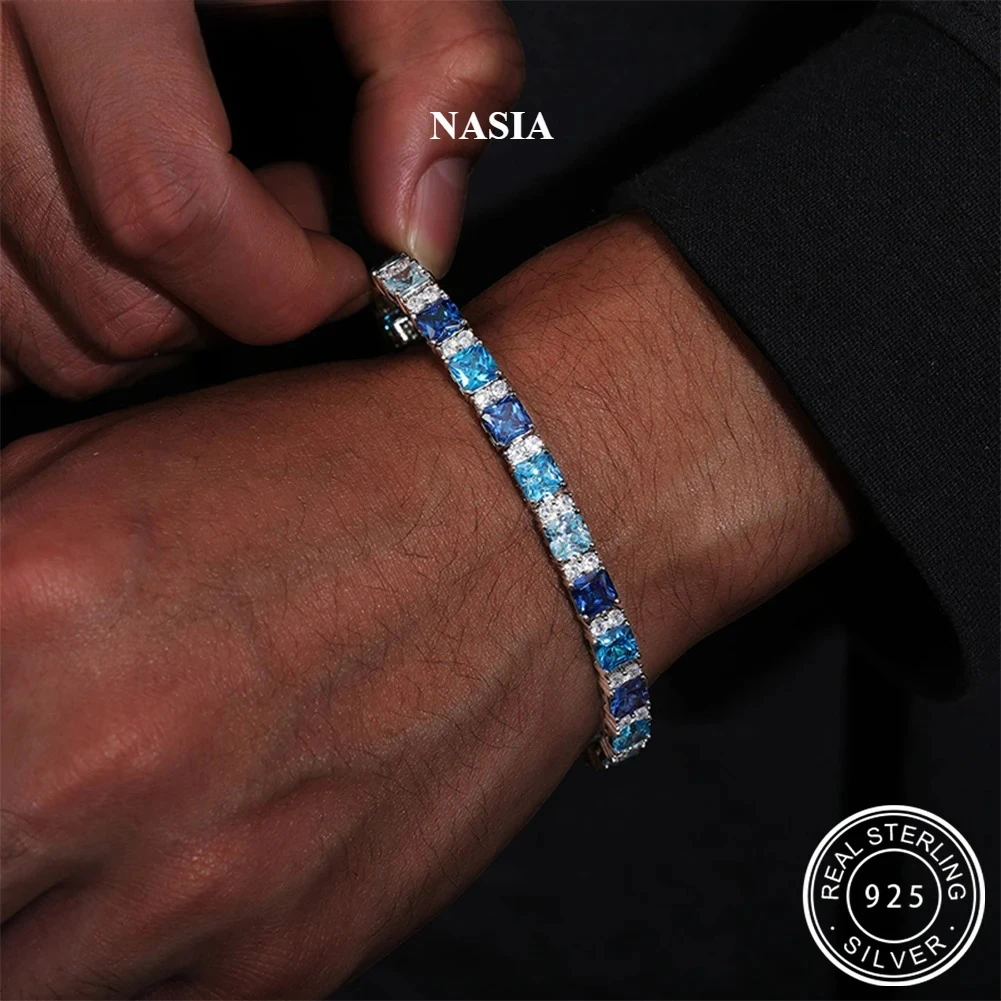NASIA Gradient Blue Square Tennis Bracelet for Women S925 Sterling Silver Men Unisex Hip Hop Jewelry Party Gifts 2026