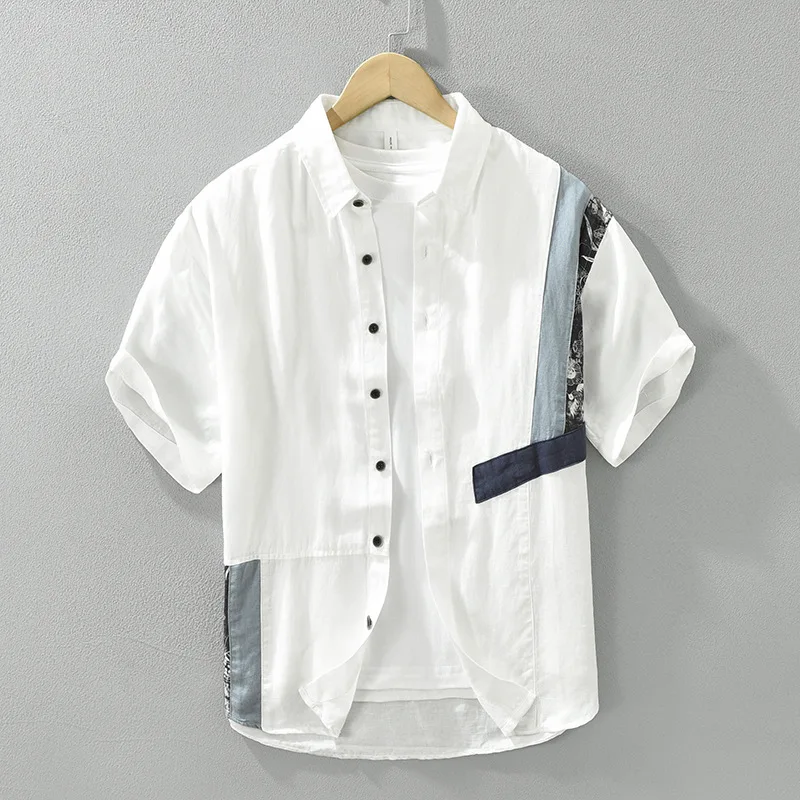 

2024 Men's Fresh Linen Stitching Short-Sleeved Shirt Versatile Casual Shirt