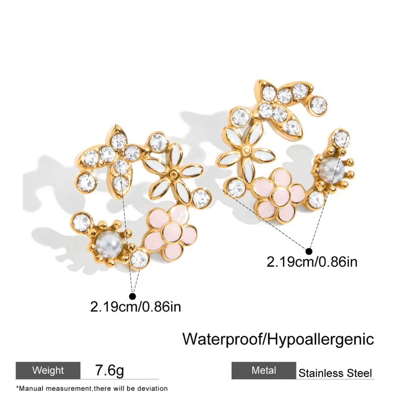 Minar Sweet White Pink Enamel Flower Butterfly Rhinestone Drop Earrings for Women Titanium Steel 18K Gold PVD Plated Non Tarnish