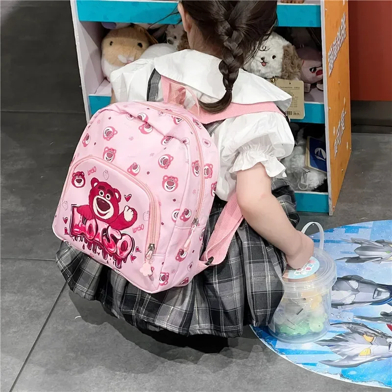 Mochila escolar de dibujos animados para niños, bolsa de lona para viajes al aire libre, Hello Kitty Kuromi Pink Bear Lotso