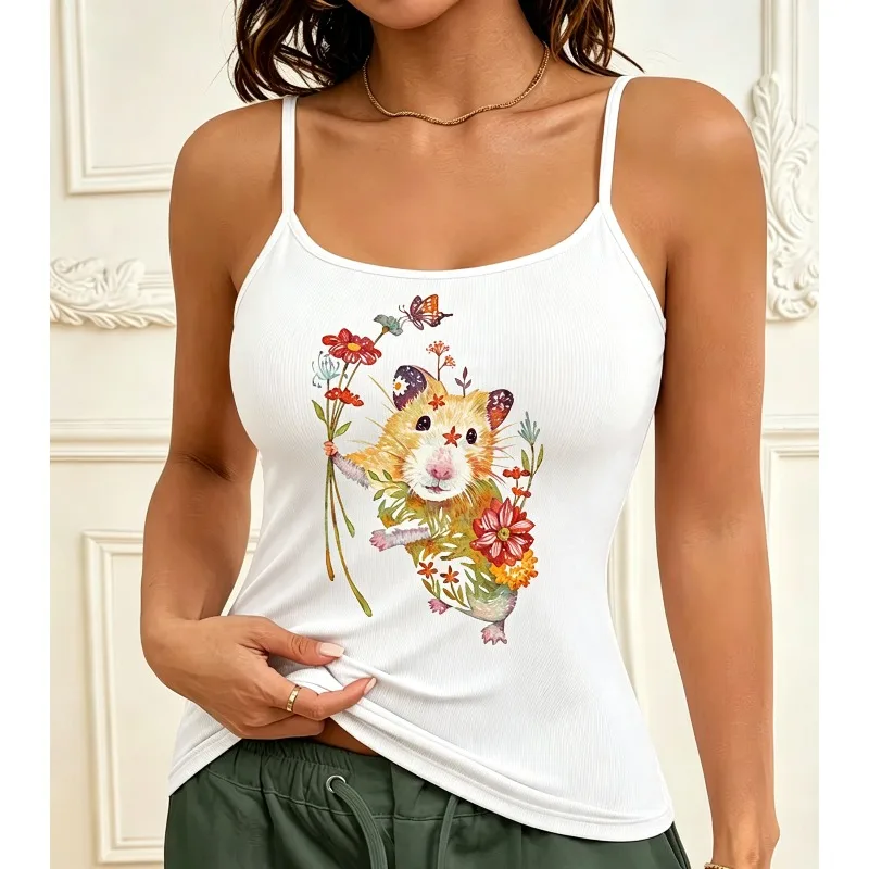 Women Floral Cat Butterfly Print Spaghetti Strap Top Vintage Botanical Cottagecore Casual Daily Summer Vest