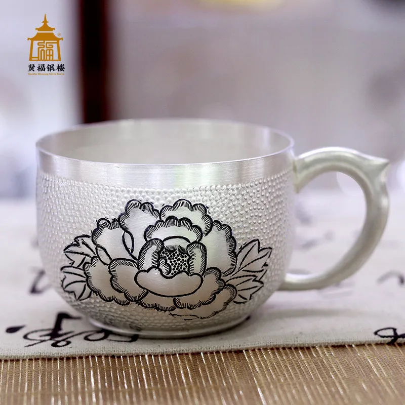 Suitable for Sterling Silver Tea Cup 999 Foot Silver Master Handmade Mug Household Flower Silver Carving Coffee White Wine Cup