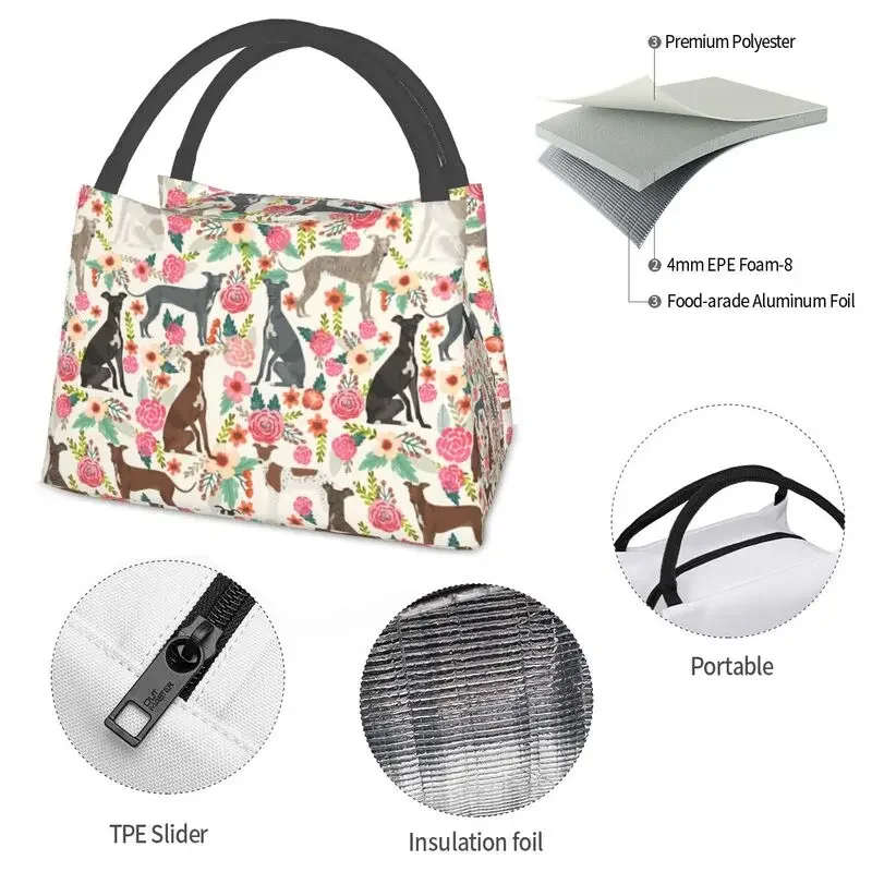 Italian Greyhound Dog Floral Insulated Lunch Bag for Women Resuable Sighthound Whippet Dog Thermal Cooler Lunch Tote Work Picnic