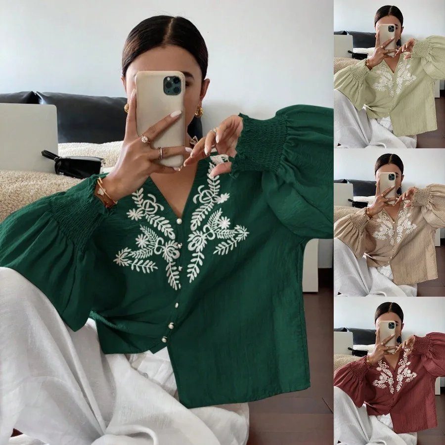 

Women's Blouse Solid Green Floral Embroidery Blouses Long Sleeve Lace Collar Button-Up Blouse V Neck Smocked Cuff Casual Blouse