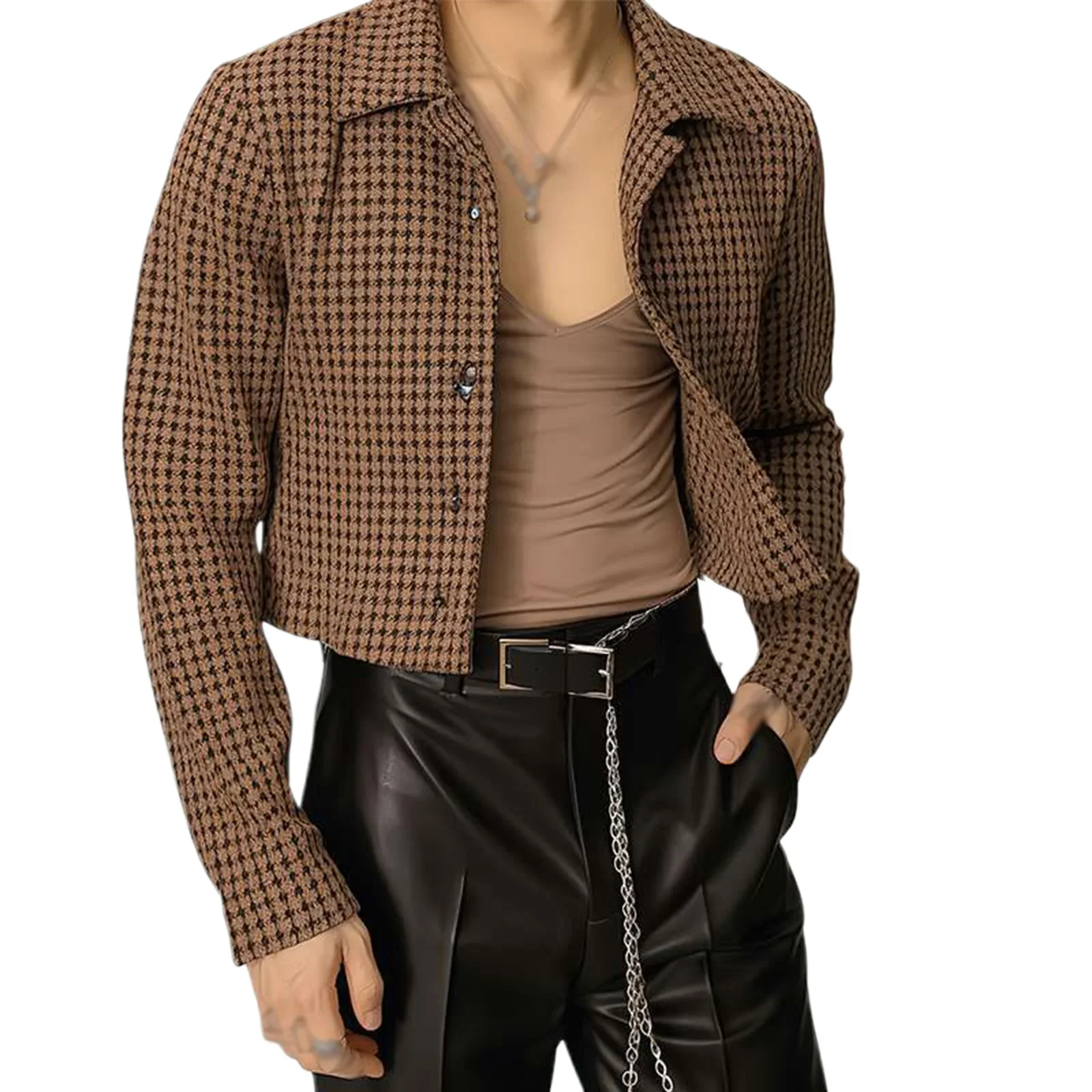 Men's Fall Cropped Jacket Houndstooth Pattern Long Sleeve Lapel Button Down Coats Outwear