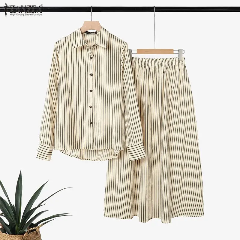 

Комплекты женской одежды ZANZEA 2026: осенние повседневные комплекты из двух предметов — полосатые рубашки с длинным рукавом и длинные юбки, модные свободные наряды, 2 шт.