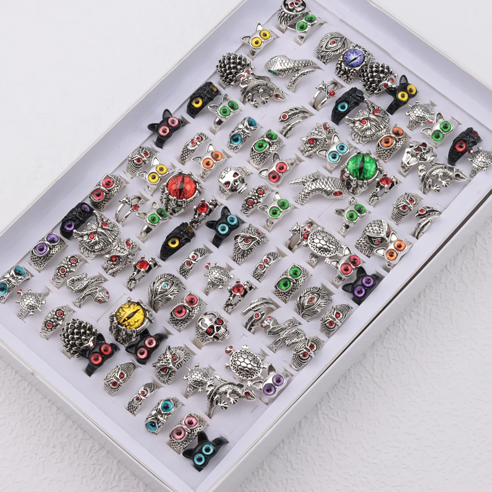 20Pcs/Lot Vintage Punk Snake Dragon Animal/Skull/Owl Eye Adjustable Rings for Men and Woman Mixed Open Hip Hop Gothic Party Gift