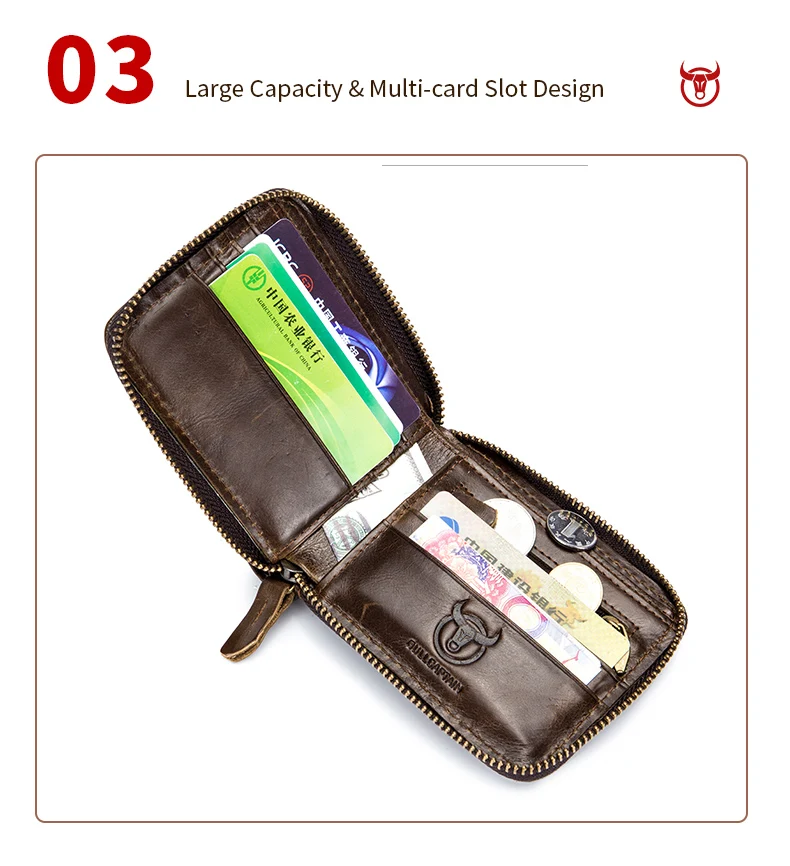 BULLCAPTAIN Herren Echtleder-Geldbörse mit RFID-Schutz, Vintage Rindsleder Reißverschluss-Brieftasche mit Münzfach, Kreditkartenhalter – Detail 15