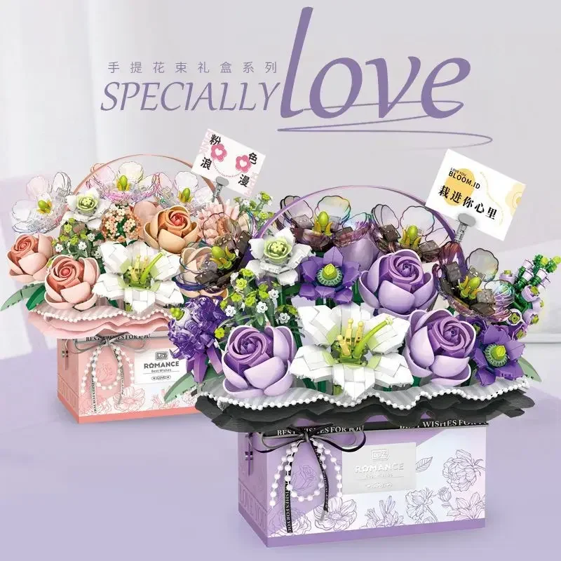 

Romantic Pink Rose Bouquet Model Building Blocks Purple Flower Luminescence Suit Gift Box Bricks Boys Girls Christmas Toys Gift