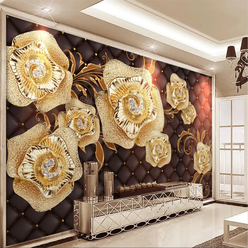 Custom 3D Black Upholstered Jewelry Diamond Flower wallpaper Living Room Mural Background art Wall Paper home decoration salon