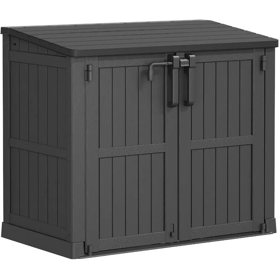 Outdoor storage cabinet for backyards: waterproof resin, gray, 36 cu ft capacity with lockable doors and portable horizontal de