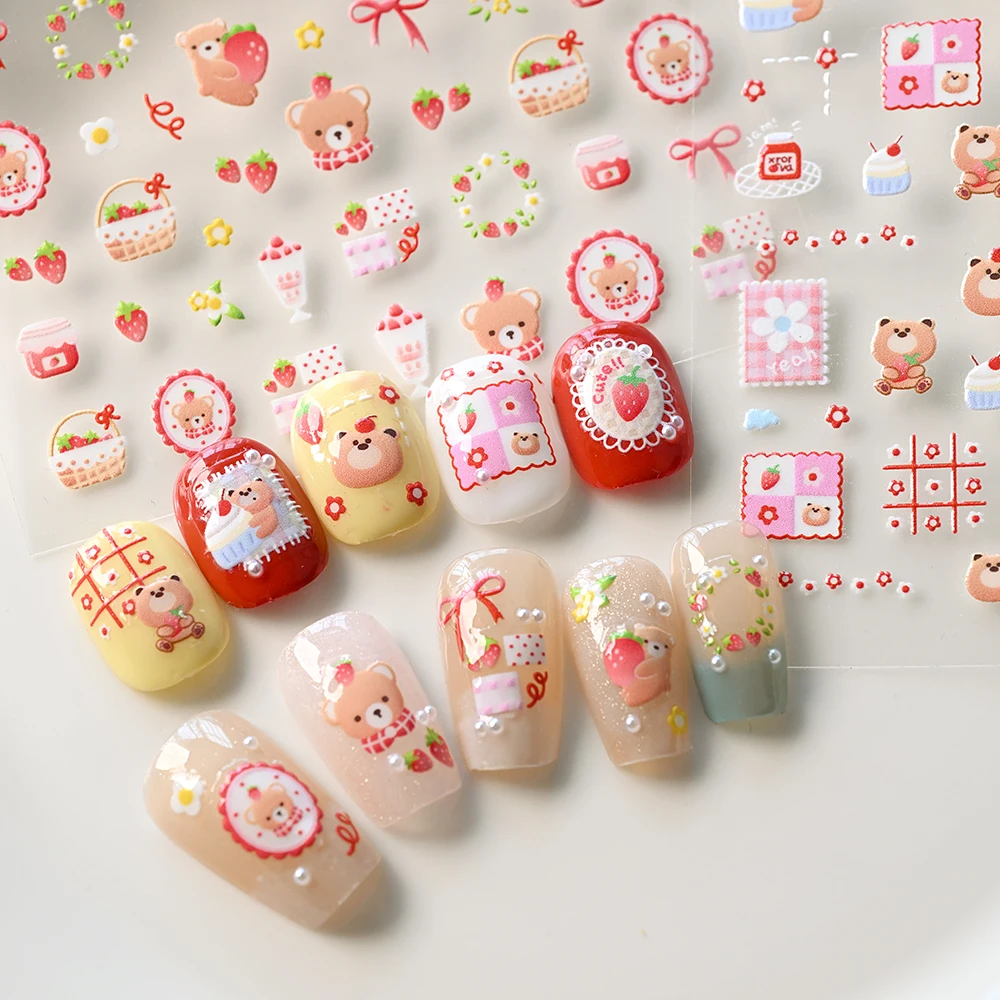 

5D Little Bear Cartoon Nail Art Sticker Cute Bear Holding Strawberry Wreath Lace Cake Nail Slider FruitBasket Bowknot Nail Decal