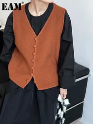 [EAM] Donna Albicocca Caffè Lavorato a maglia Gilet vintage di grandi dimensioni Nuovo scollo a V senza maniche Moda Marea Primavera Autunno 2024 1DH6774