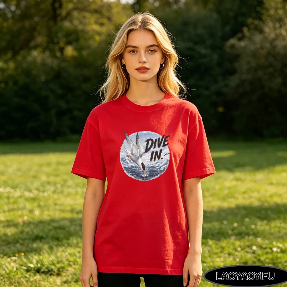 Arctic Tern DIVE IN Letter Graphic T Shirt Soft Cotton Round Neck Short Sleeve Loose Tee Ladies Vintage Ocean Glacier Print Tops