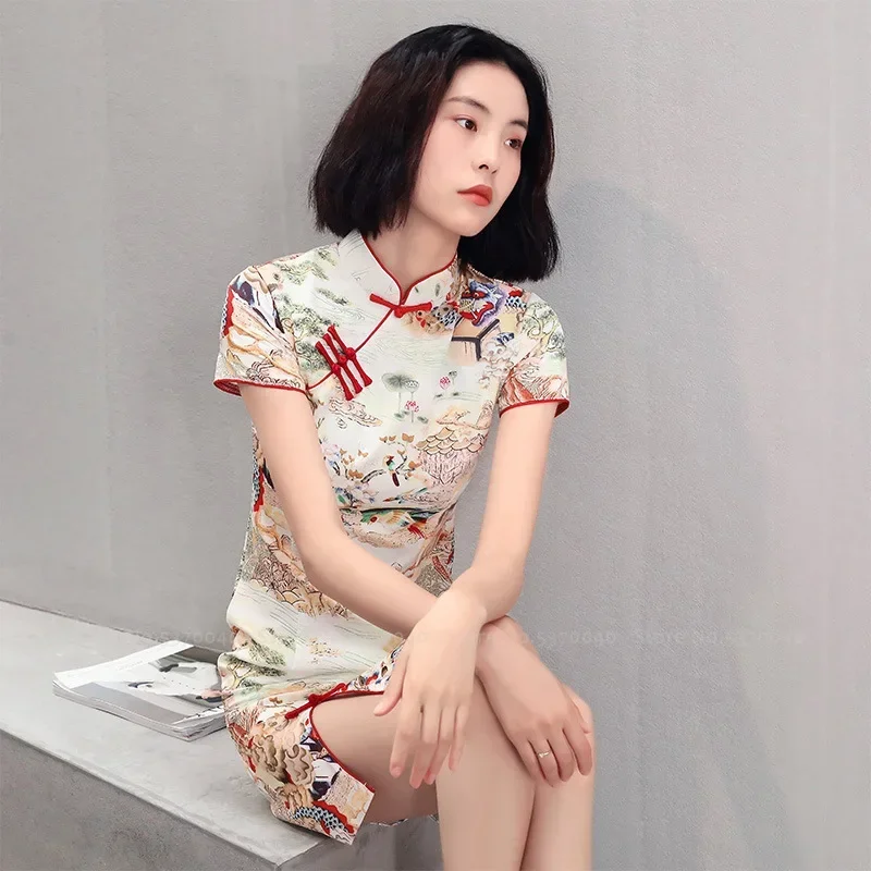 Women Sexy Qipao Vintage Tang Suit Crane Print Party Wedding Dress Chinese Traditional Hanfu Cheongsam Japanese Ukiyo-e Qi Pao