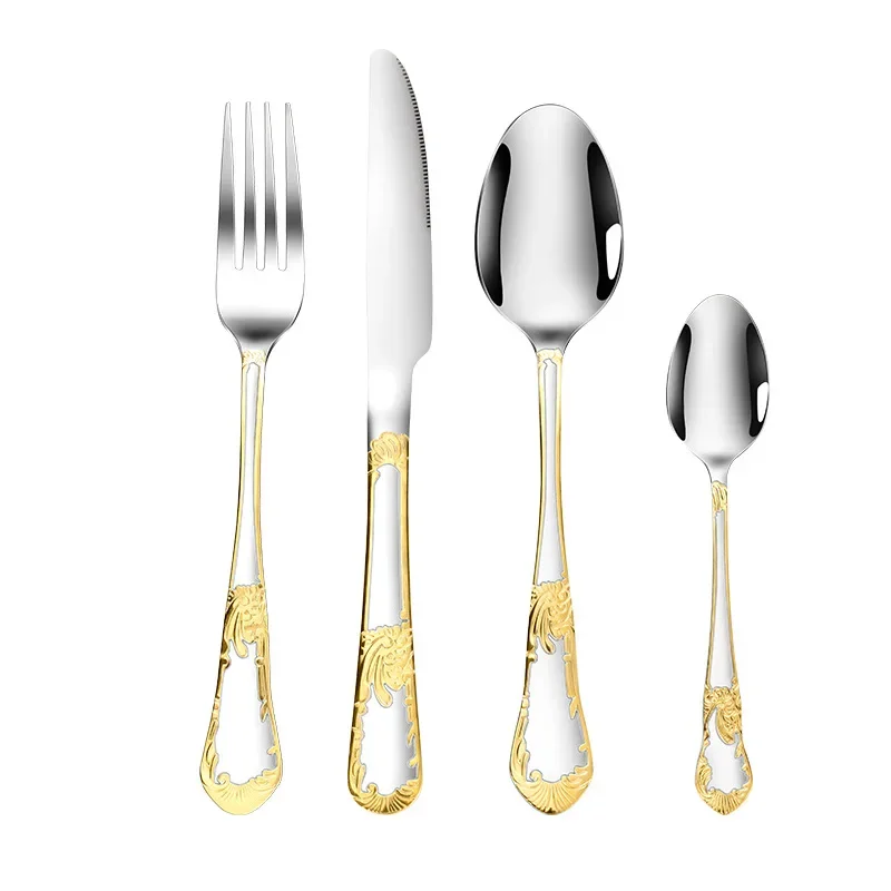 4Pcs Gold Embossed Knife Fork Spoon Retro Western Cutlery 410 Stainless Steel Cutlery Silverware Dinner Set