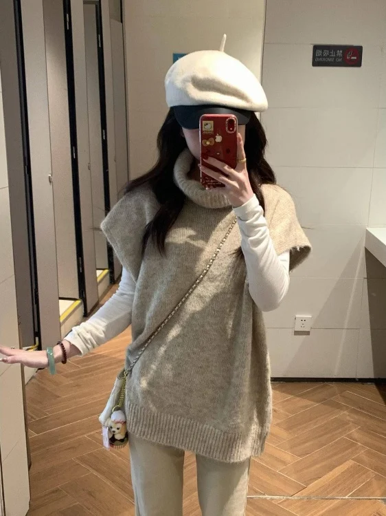 

Свободный вязаный жилет с высоким воротником для женщин, ранняя весна, корейский стиль, модный, повседневный, с длинными рукавами, свитер с круглым вырезом