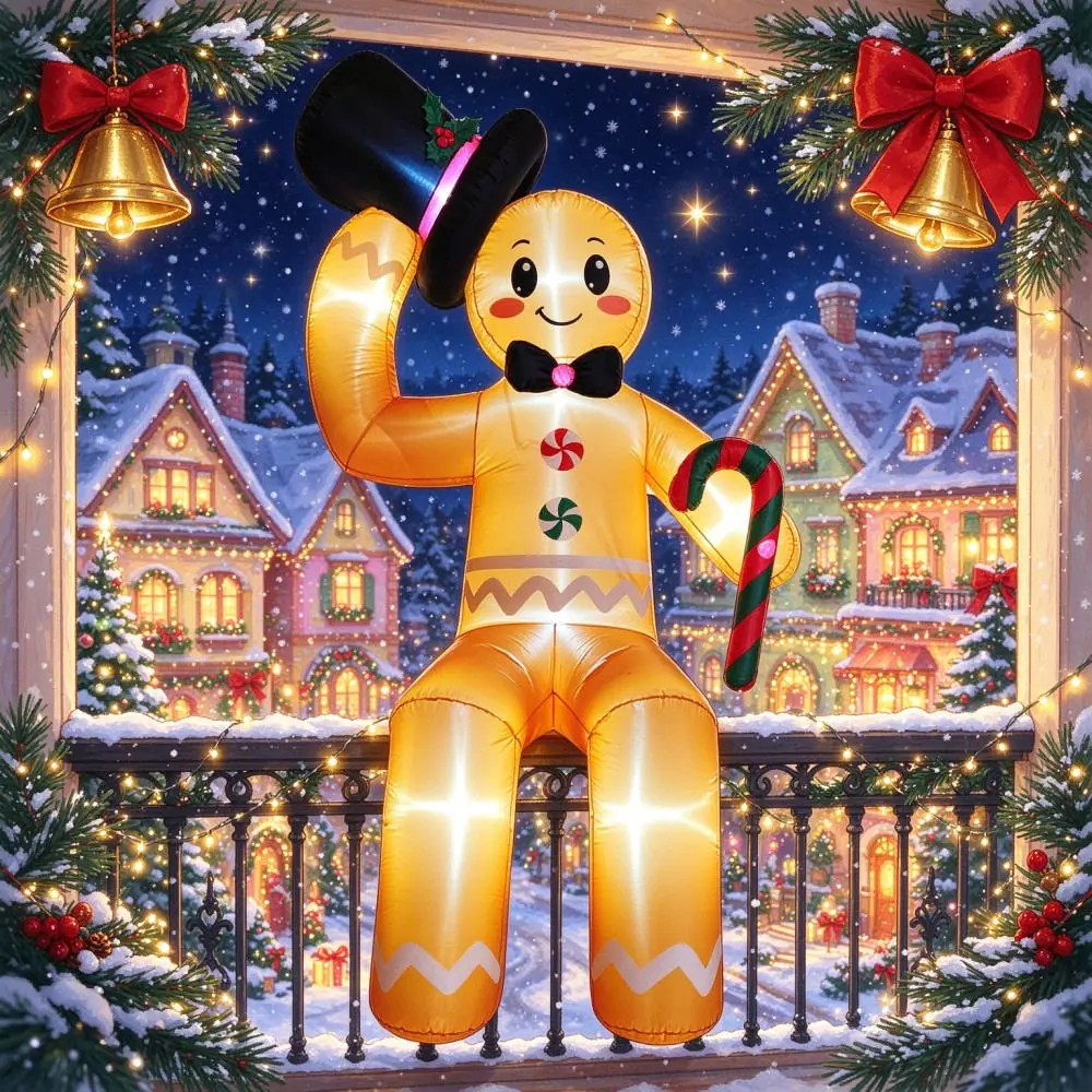 Christmas 3M Inflatable Sitting Posture Gingerbread Man Cane Candy Built-in LED Lights Indoor Outdoor Roof Courtyard Decoration