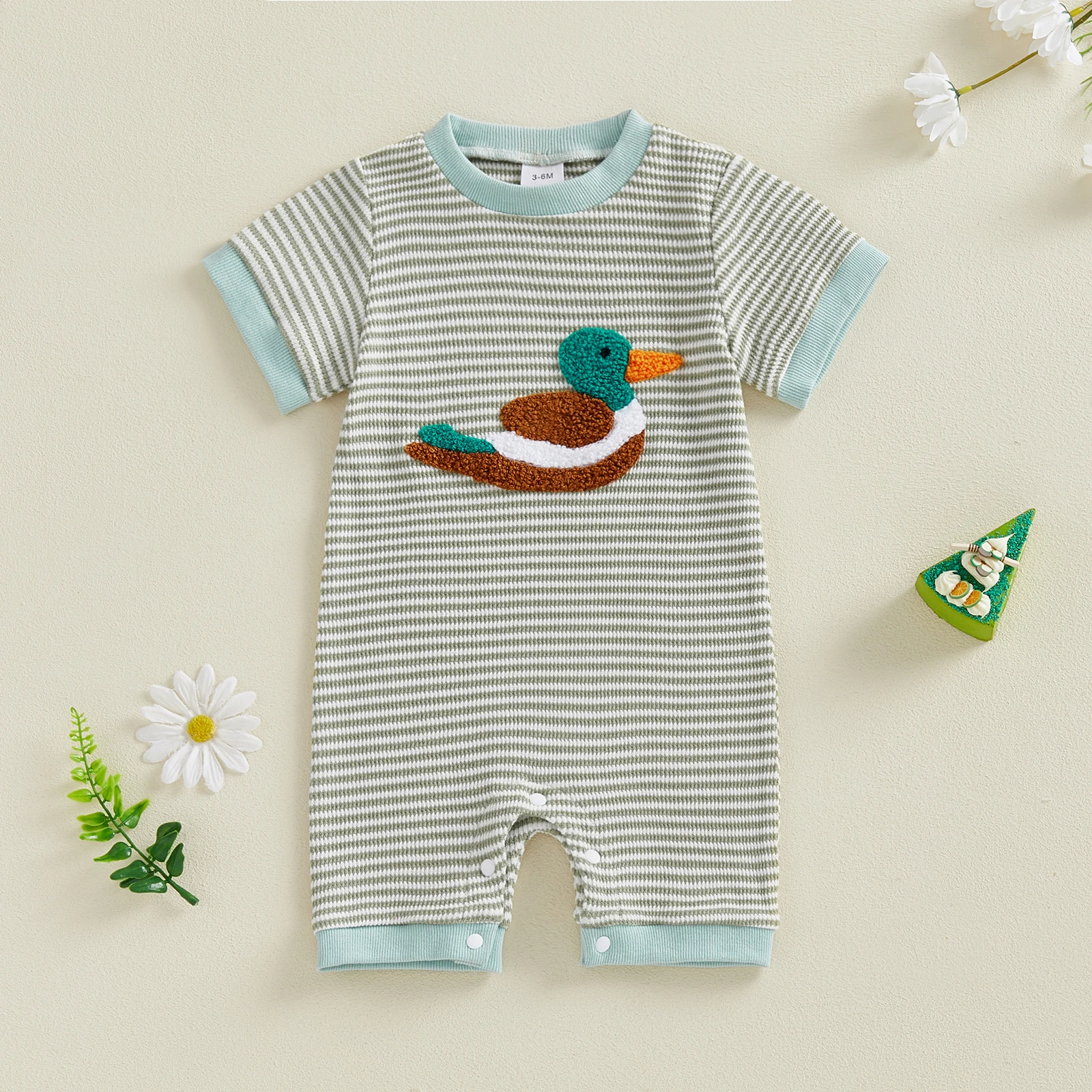 بدلة قفز صيفية مخططة للأطفال حديثي الولادة بدون أكمام ورقبة دائرية وطباعة كرتونية مع إغلاق سريع #2