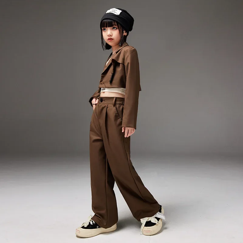 Brown Blazer Tops Loose Casual Pants Set Fashion Streetwear Jazz Dance Costumes Hip Hop Outfits Girls Performance Wear