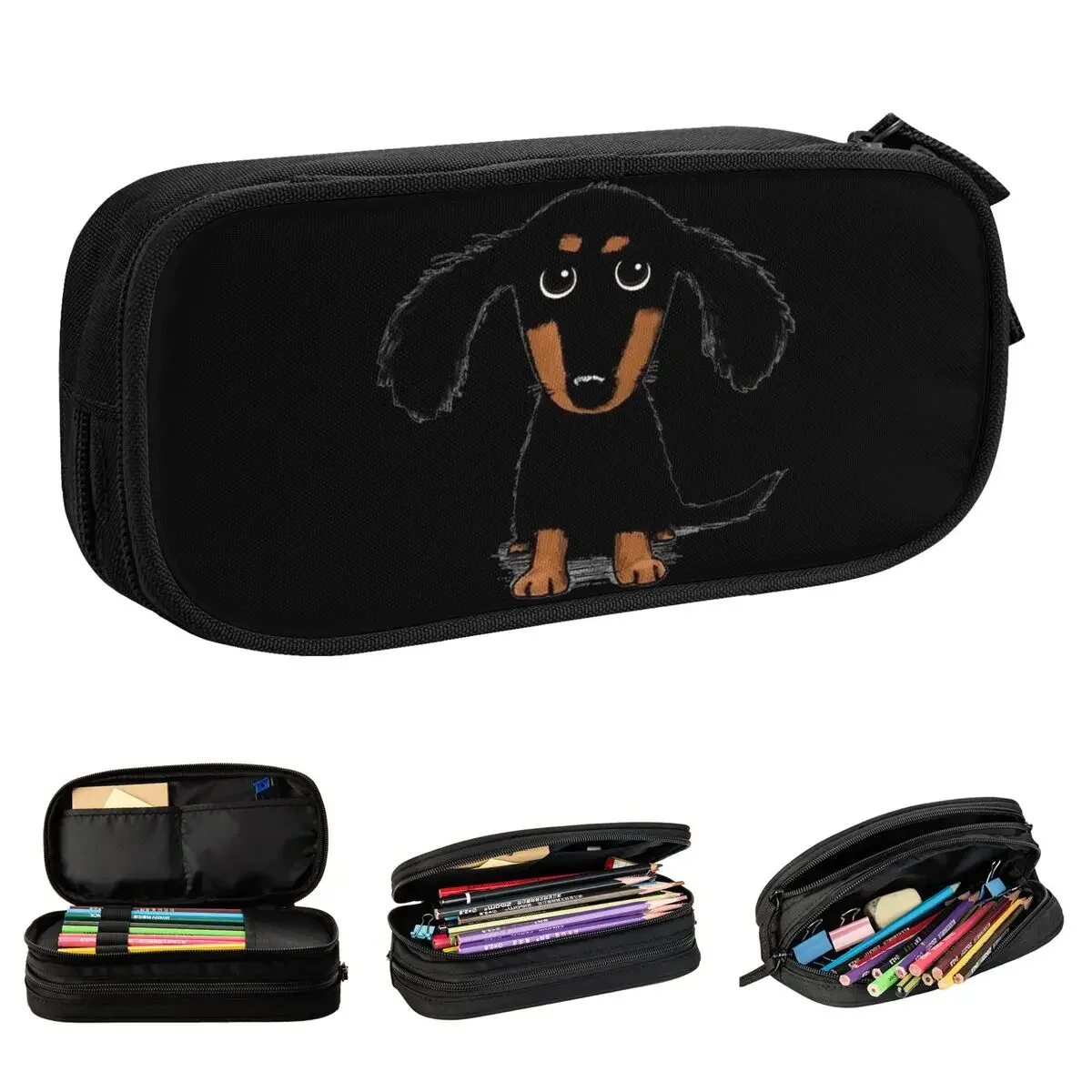 

Longhaired Dachshund Dog Pencil Cases Puppy Doxie Pencil Pouch Pen Holder for Student Bag Students School Gifts Accessories