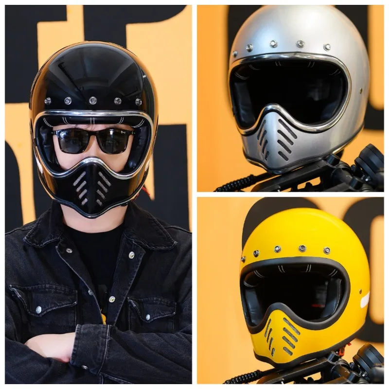 Small Shell Fiberglass Retro Full Face Helmet Eagle Beak Design Motorcycle Cruiser Helmet Men Women All Season Racing Helmets