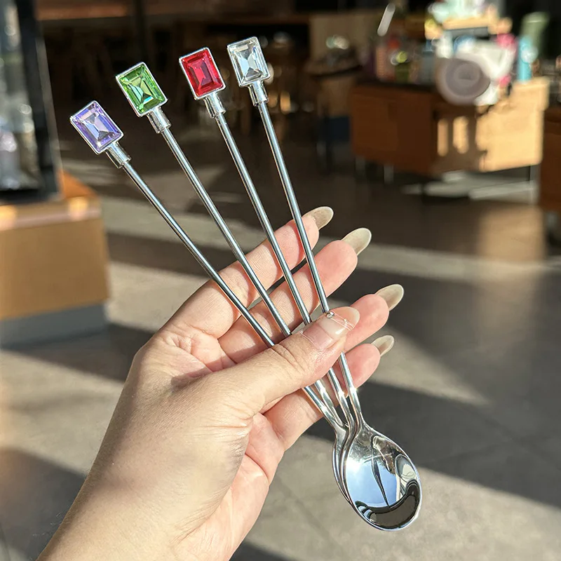 304 Stainless Steel Gemstone Long Handle Stirring Spoon Light Luxury Milk Tea Coffee Stirring Ice Spoon Fruit Salad Fork