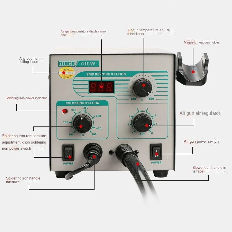 706W+ 2 In 1 SMD Rework Station Soldering Station 570W Digital Display Hot Air Gun Lead-free Solder Iron tools