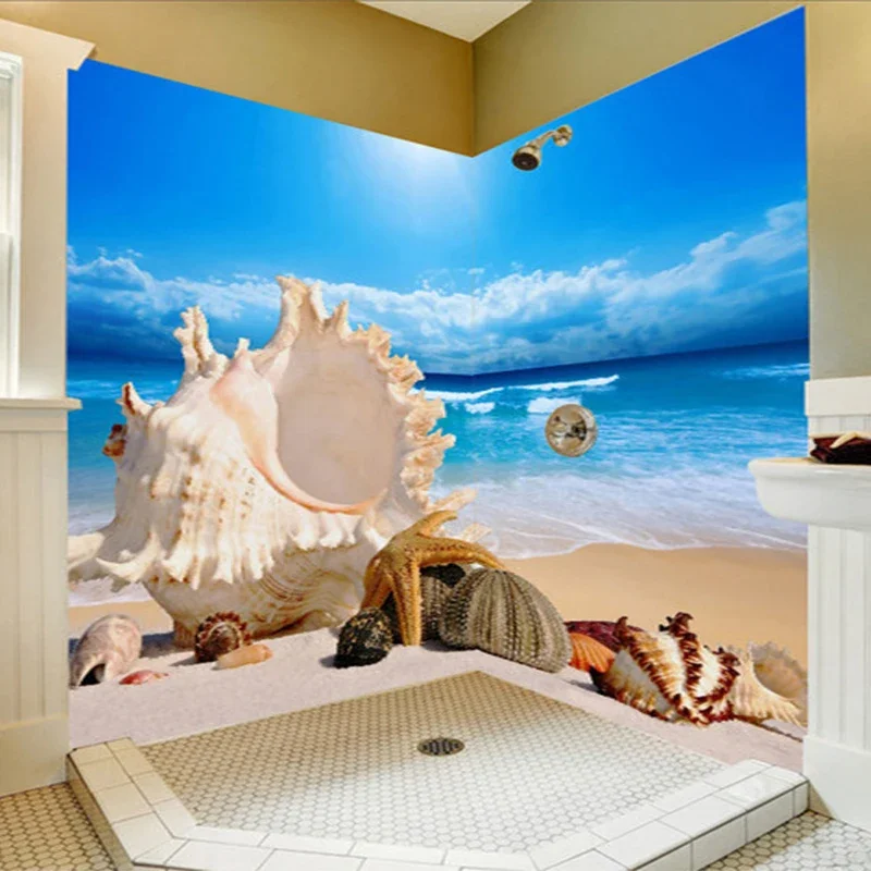 

Modern Beach Seaside Landscape Photo Mural Wallpaper PVC Self Adhesive Waterproof Bathroom Backdrop Wall Painting Sticker Fresco