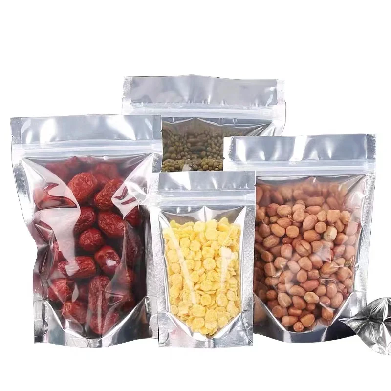 100Pcs Clear Silver Mylar Foil Zip Lock Stand Up Bag Self Grip Seal Tear Notch Doypack Reclosable Food Candy Tea Coffee Pouches