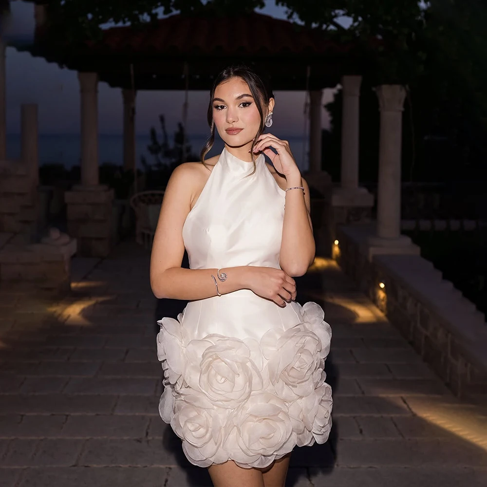 

Short Stain Weddings Dresses Halter Sleeveless 3D Flowers Mini Sheath Bride Dress Summer Beach Bridal Shower Gown Customized