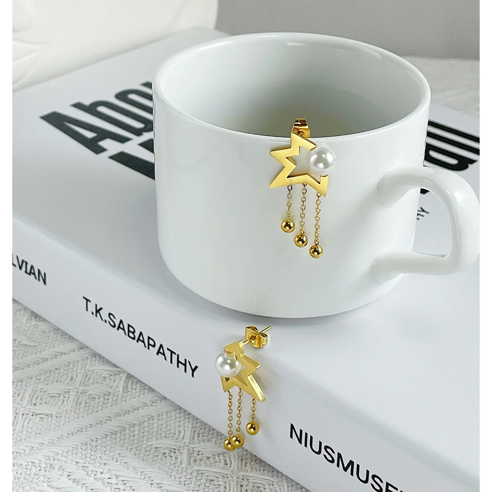 

ENFASHION Pearl Star Dangle Earrings For Women Gold Color Earring 2021 Stainless Steel Fashion Jewelry Pendientes Mujer E211328